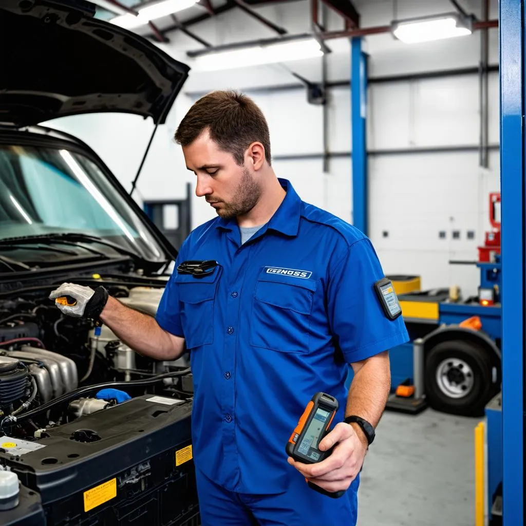 Mechanic using Genisys scan tool in workshop